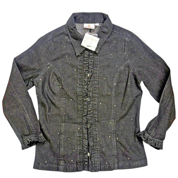 Quacker Factory Jeanne Black Denim Rhinestone Ruffle Jacket‎ - Picture 1 of 10